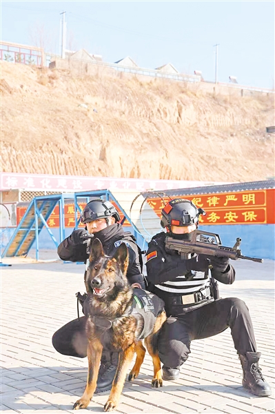     警犬雷克和訓(xùn)導(dǎo)員臘宏偉（左）。